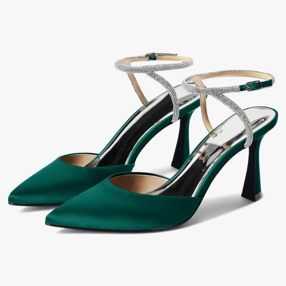 NEW Rhinestone Pointed Toe High Heels Sparkly Green Emerald Women's Satin Pumps
